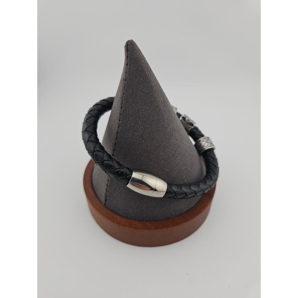 Silver Tone Cross Slide Charm Black Woven Corded Bracelet Casual Everyday Simple - Picture 2 of 3